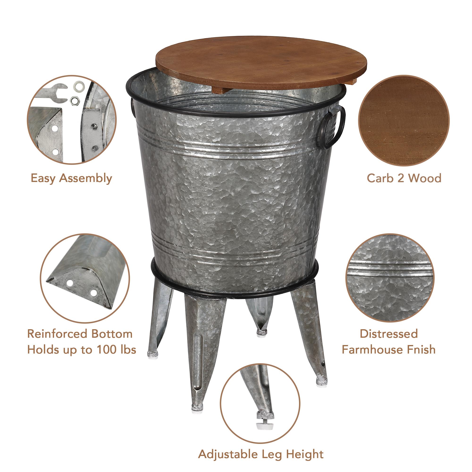 PieDle Farmhouse Accent Side Table, Rustic Storage Ottoman Seat Stool, Galvanized Antique Metal End Table Box Bin with Wood Lid, Coffee or Cocktail Table,Nesting Pieces Two