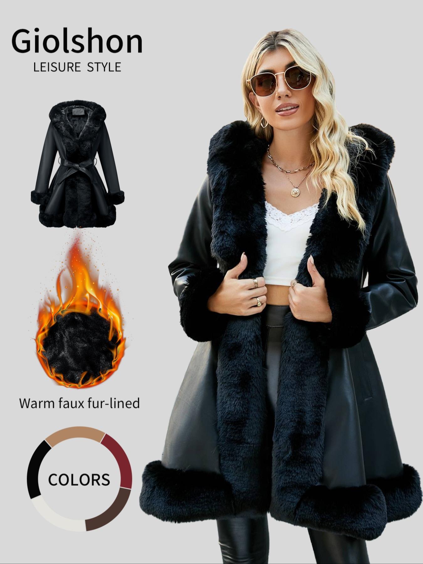 Giolshon Women's Fall & Winter PU Long Jackets, Warm Basic Casual Hooded Fitted Coats with Detachable Belt and Faux Fur, Everyday Stylish Aesthetic Outerwear Womenswear