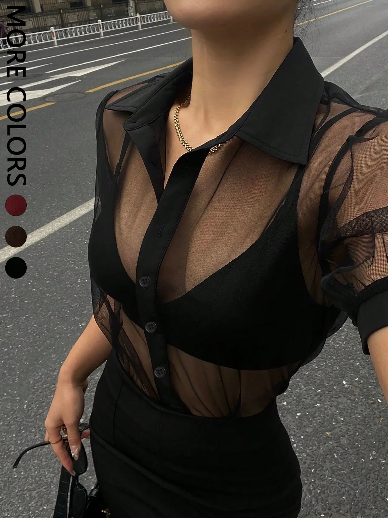 Women's Minimalist Sheer Mesh Chiffon Short Sleeve Shirt, Business Casual Top, Lightweight Breathable Design, Perfect for Daily Wear