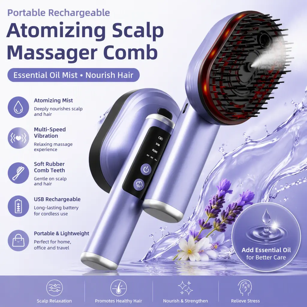 3‑in‑1 Electric Essential Oil Spray Massage Comb, High‑Frequency Vibration Scalp Care Import Device, Fine Atomization Hair Nourishing Comb for Home Hair Beauty Treatment