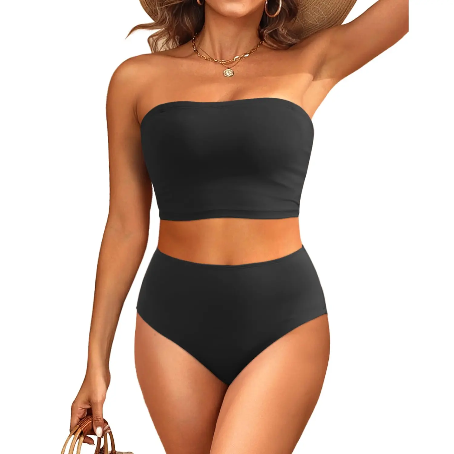 Tempt Me Women Bandeau Bikini Set Strapless Swimsuits High Waisted Two Piece Swimsuit Longline Bathing Suits with Full Coverage Bottom