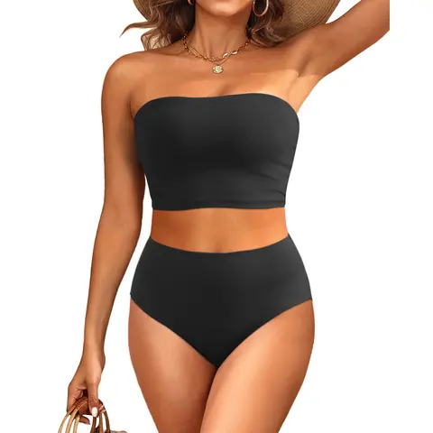 Tempt Me Women Bandeau Bikini Set Strapless Swimsuits High Waisted Two Piece Swimsuit Longline Bathing Suits with Full Coverage Bottom