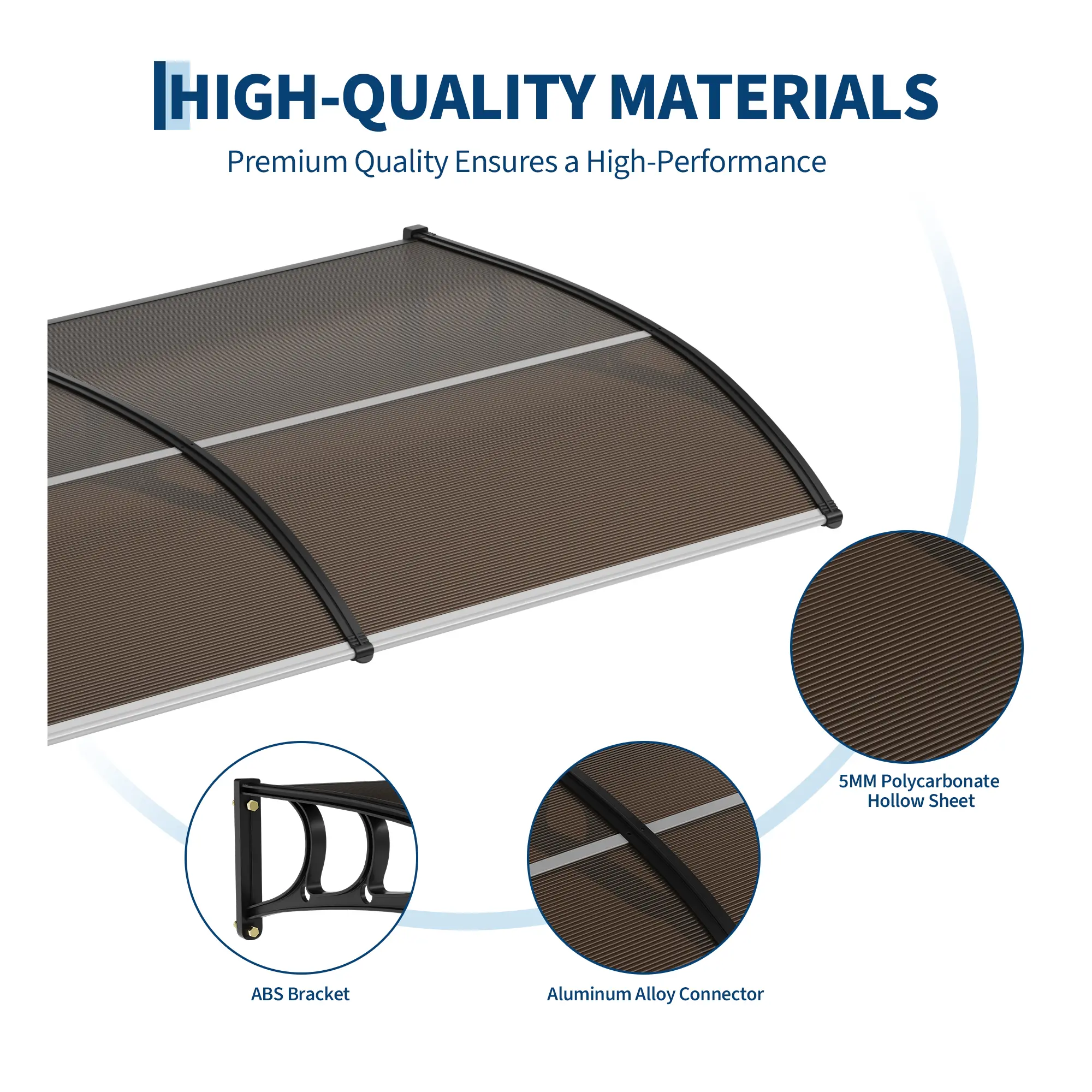 Heavy-Duty Outdoor Door Awning Canopy - Polycarbonate Cover, UV/Rain/Snow/Sun Protection, Plastic Steel Brackets, Brown Shelter, 100x300cm