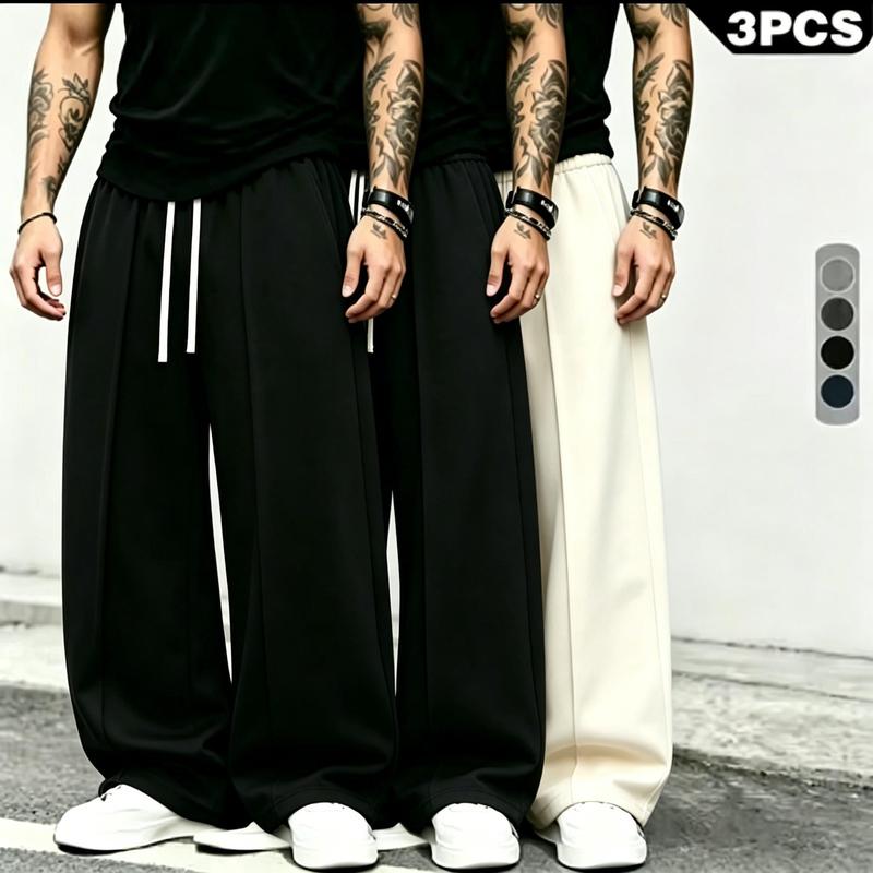 Men's 3-Piece Universal Sport Joggers, Polyester Quick-Dry Streetwear Clothing with Drawstring Waist, Casual Wide-Leg Solid Color Multifunctional Pants