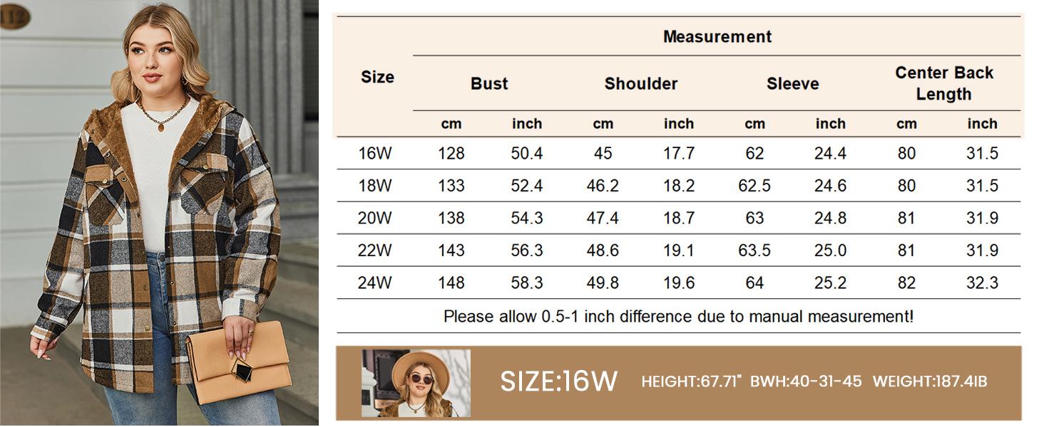 Plus Size Women Flannel Plaid Shacket Jacket Long Sleeve Button Down Fleece Hooded Jackets Fall Winter Coat