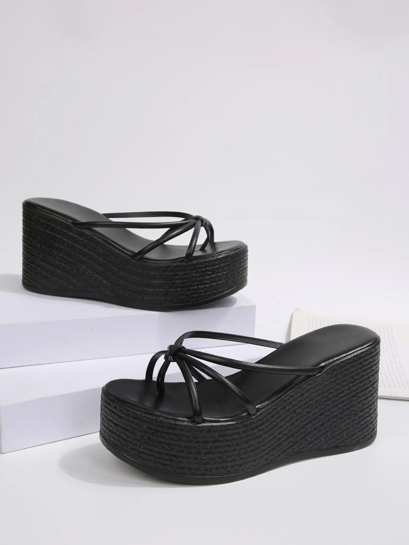 Women Thin Strap Thong Wedge Slide Sandals, Platform Slip On Open Toe Summer Flip Flops, Gold Black 2 Colors, Fashionable Pu Slides