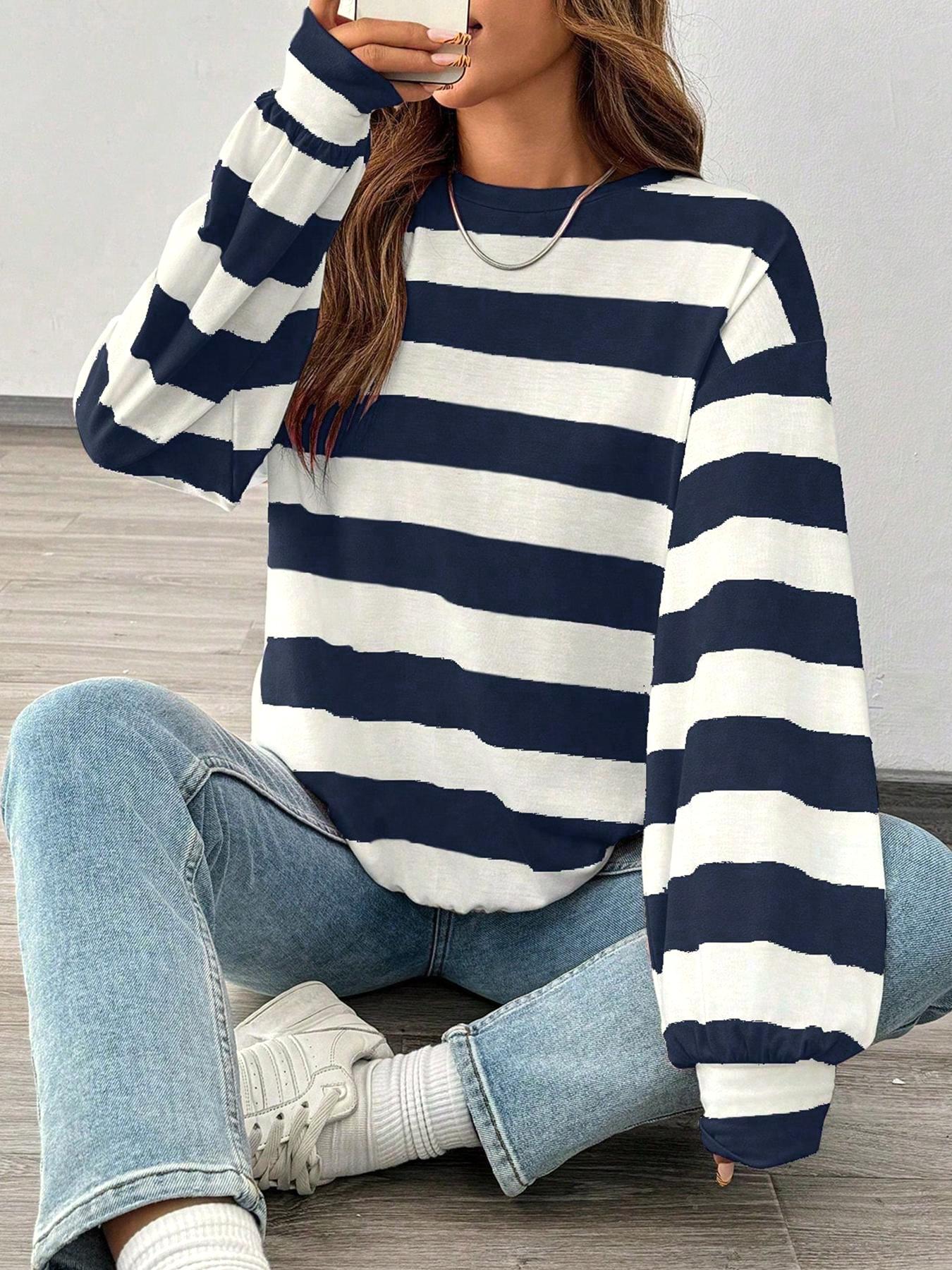Women's Loose-Fit Striped Round Neck T-Shirt, Casual Soft Comfort Top for Fall & Winter