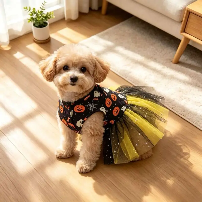 Halloween Star Tulle Pet Dress, Lapel Bow Pumpkin Ghost Print Costume Dress, Cute Cosplay Outfit for Small Dogs & Cats Halloween Party Dress Up