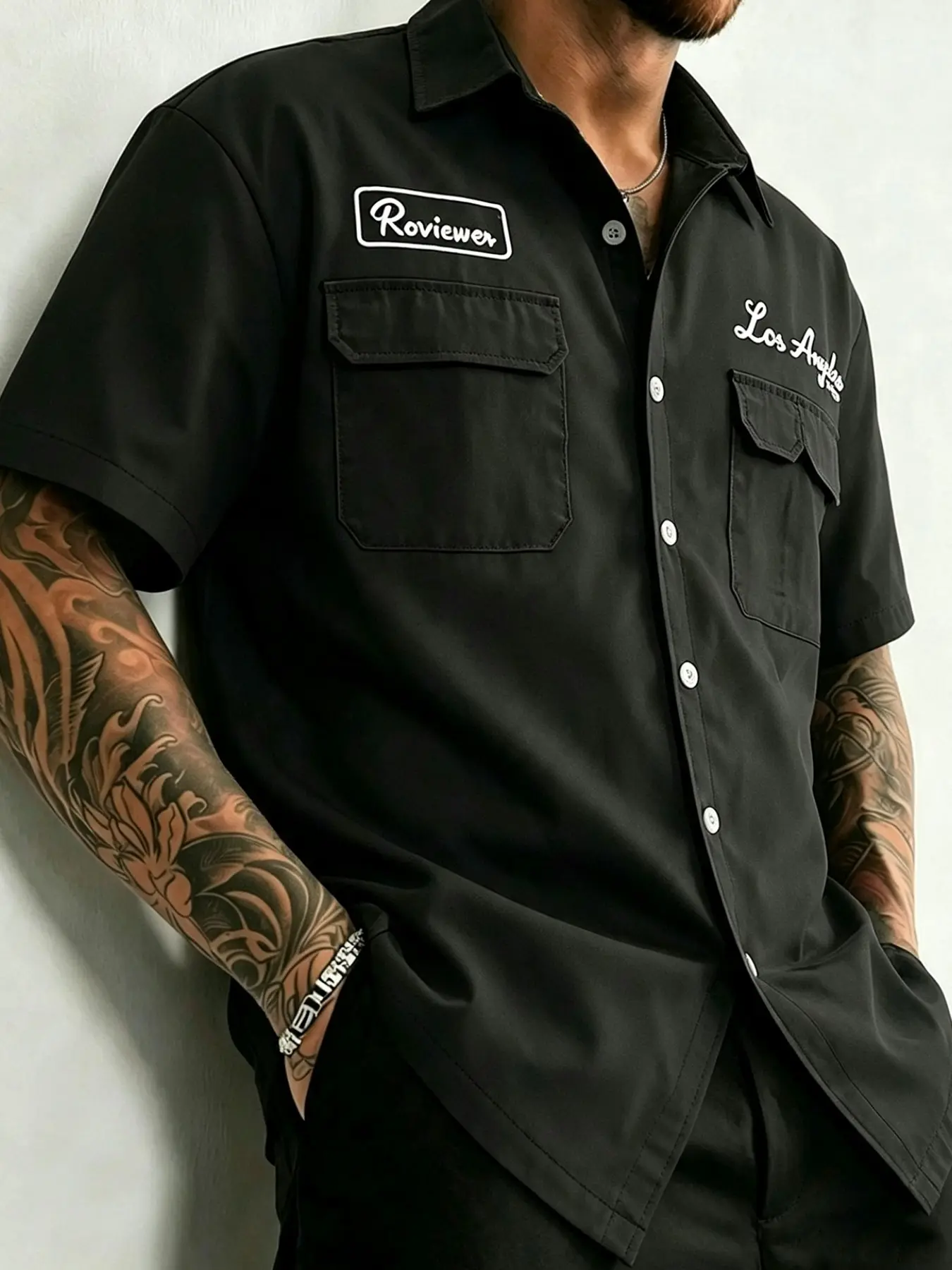 Black Short Sleeve Work Shirt, Retro West Coast Street Style, Letter Print Double Chest Pockets Button Down Top, For Men Daily Streetwear Bar Club Outings
