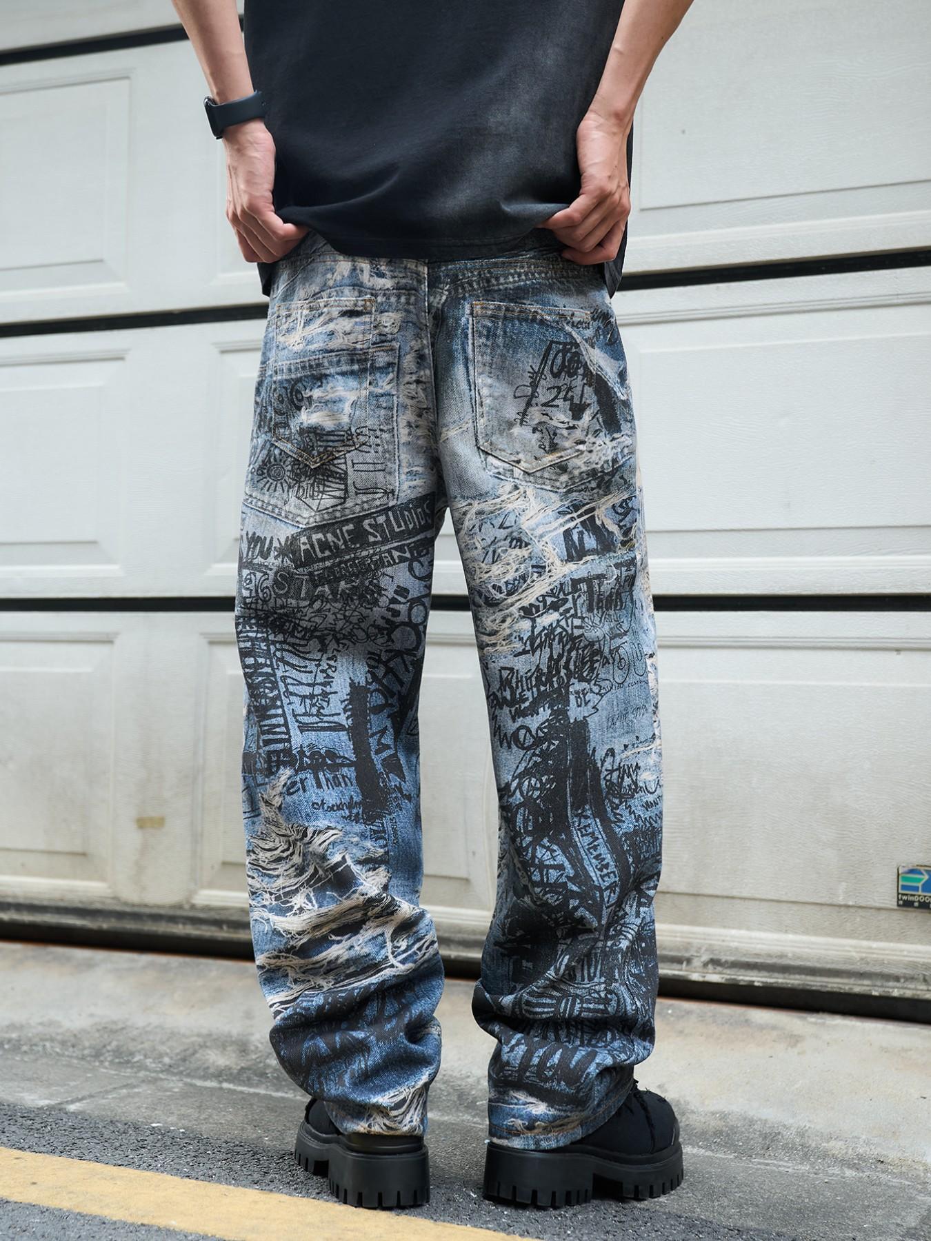 Men's 3D Printed Jeans Y2K Graffiti Denim Jeans, Wide Leg Streetwear, Loose Fit Casual Jeans for All Seasons