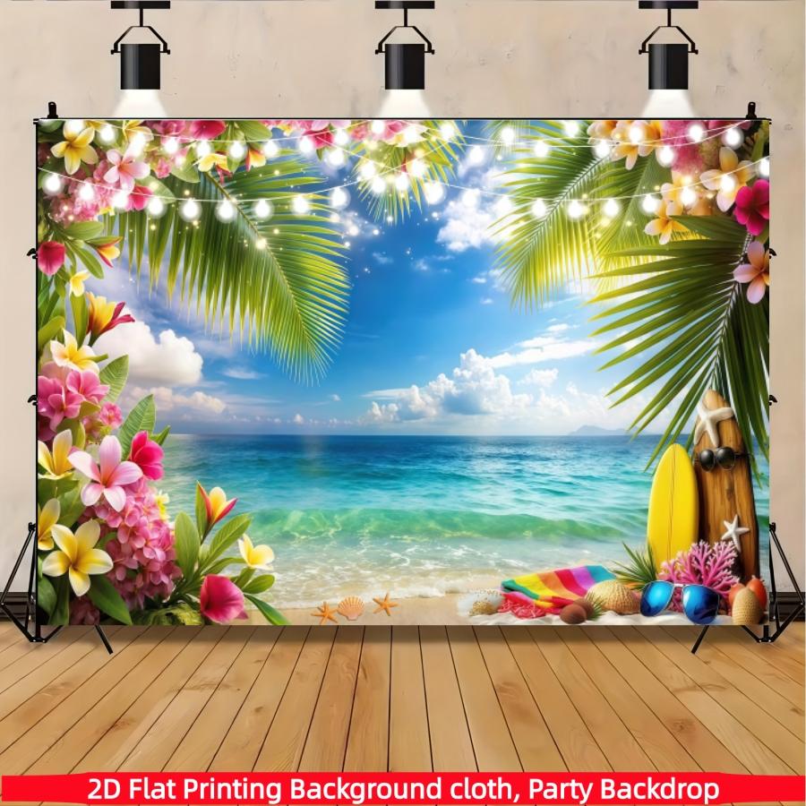 Summer Hawaiian Beach Background Banner, Sky, Ocean Tropical Flowers Palm Leaves, Surfboard Photography Background, Suitable for Hawaiian Party Decoration Banner, Living Room, Bedroom, Office and Outdoor Decoration, Party, Seasonal Decoration