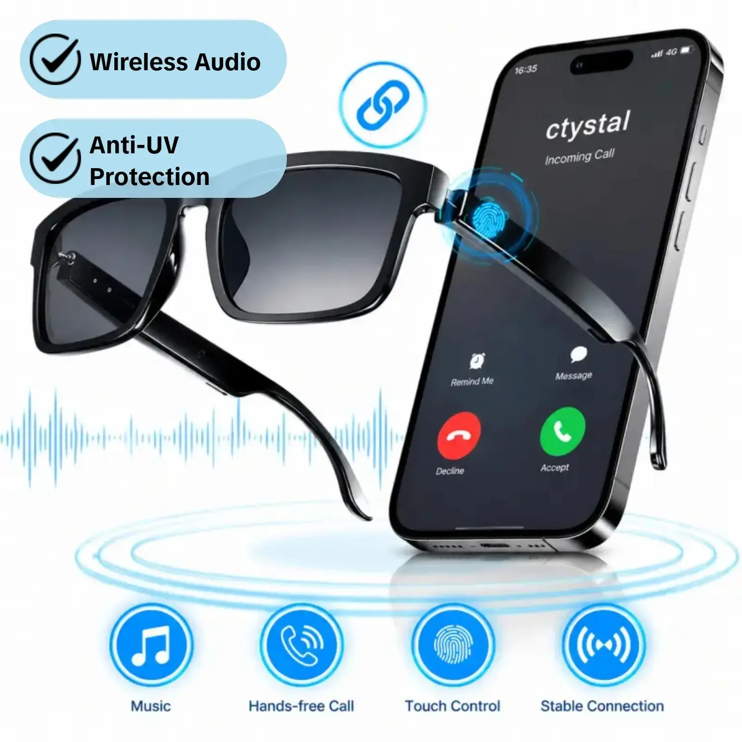 Smart Bluetooth Audio Glasses with Open-Ear Speakers and Built-In Microphone for Hands-Free Calling and Voice Assistant, Multifunctional Audio Sunglasses, Anti-UV Sunglasses with Touch Control for Running, Driving