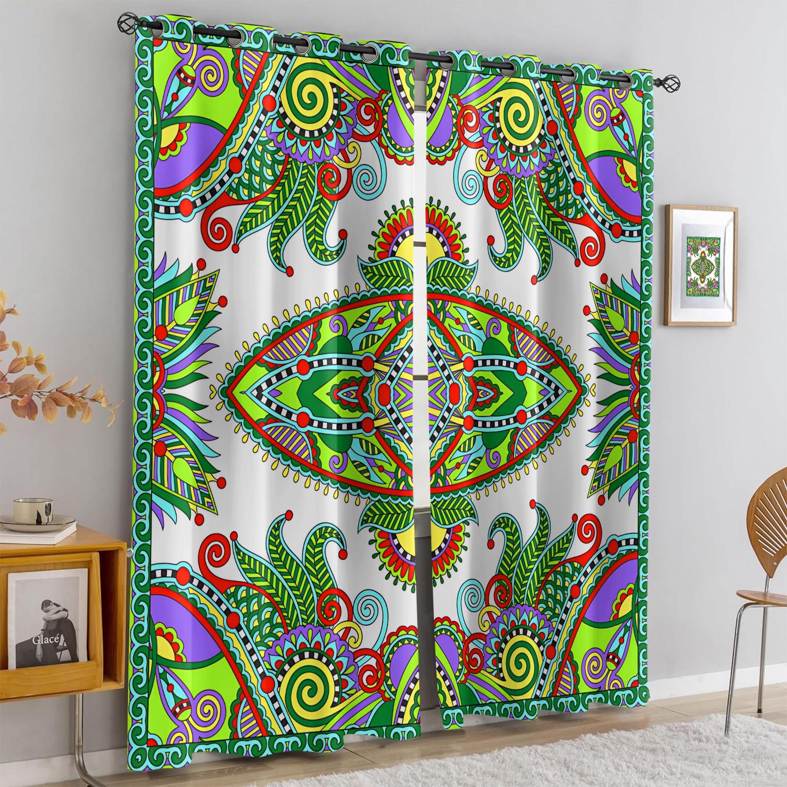 2 Panels Set Boho Paisley Digital Print Window Drapes, Vintage Ethnic Style Darkening Grommet Curtains, Thermal Insulated Privacy Blackout Drapes, Decorative Window Treatment for Living Room, Bedroom, Dorm, Home Office