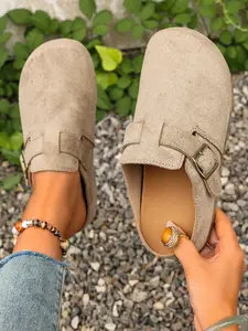 Women's 2026 Spring Summer New Velvet Slip-On Shoes, Wide Fit Comfortable Casual Mules, Adjustable Antique Brass Buckle, Non-Slip Thick Sole