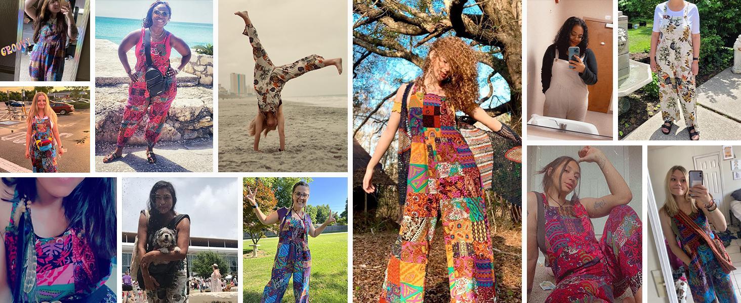 JovenPara Women's Patchwork Dual Pocket Jumpsuit Loose Floral Print Bohemian Wide Leg Bib Overall Womenswear Wideleg Strap Sleeveless