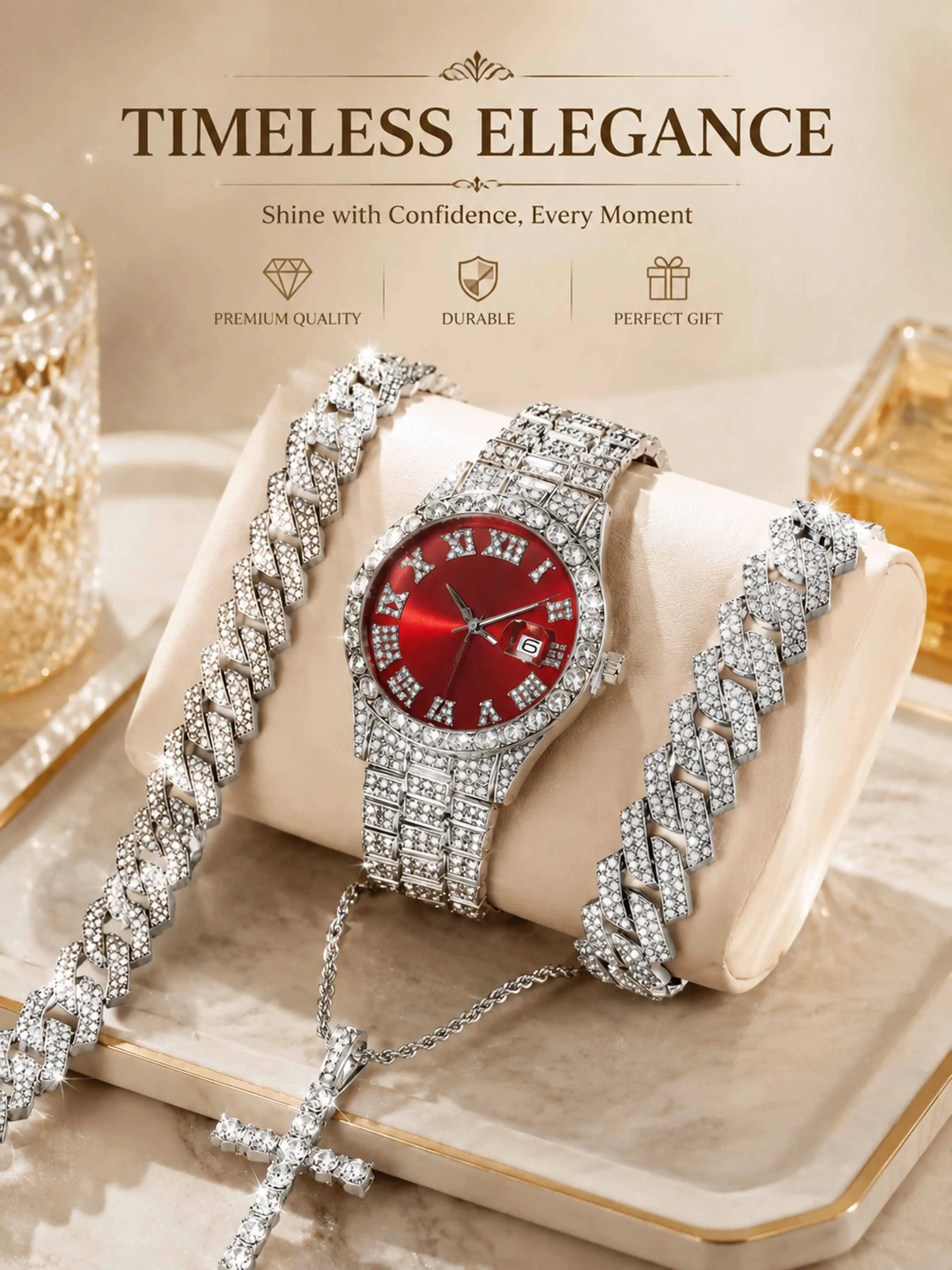 Men’s Silver-Tone Crystal-Style Quartz Watch & Jewelry Set, Red Sunray Dial with Date Display, Cuban Link Necklace, Bracelet and Cross Pendant Chain with Gift Box