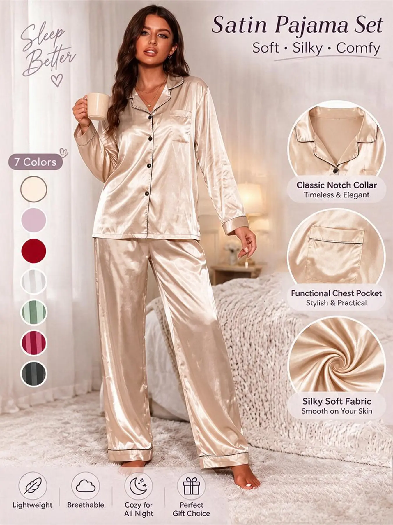 Women's Long Sleeve Pajama Set, Striped Jacquard Design, Satin Fabric, Casual Comfortable Sleepwear & Loungewear for Night & Daily Wear, All Seasons, PJ Sets