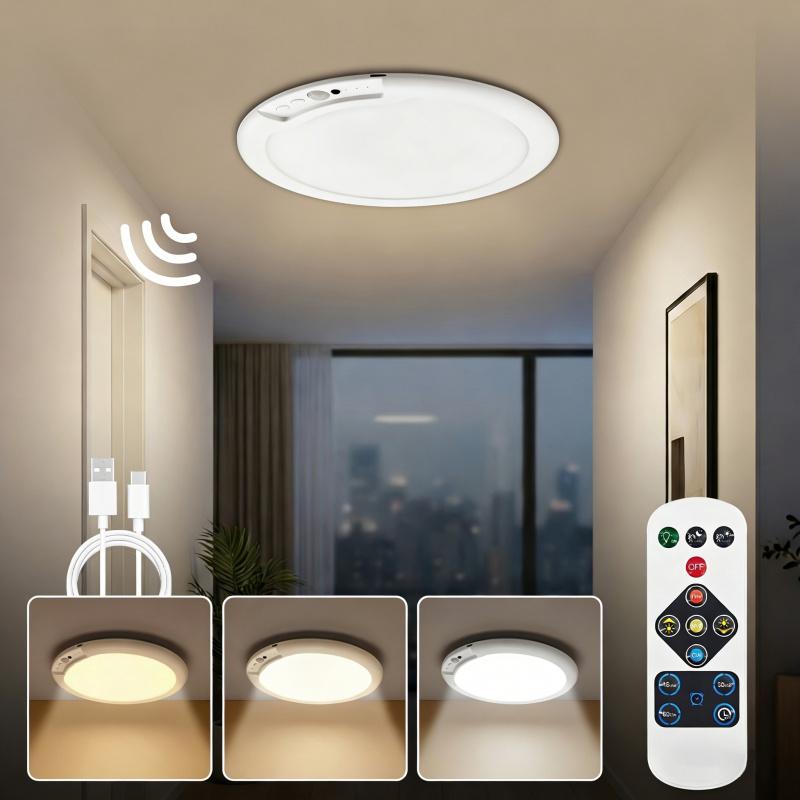 Rechargeable Motion Sensor Ceiling Light with Remote Control - Magnetic Wireless Ceiling Light Powered by rechargeable batteries for Closet Shower Stairs Shed Hallway Porch Patio ect,Suitable for various scenarios, easy to install