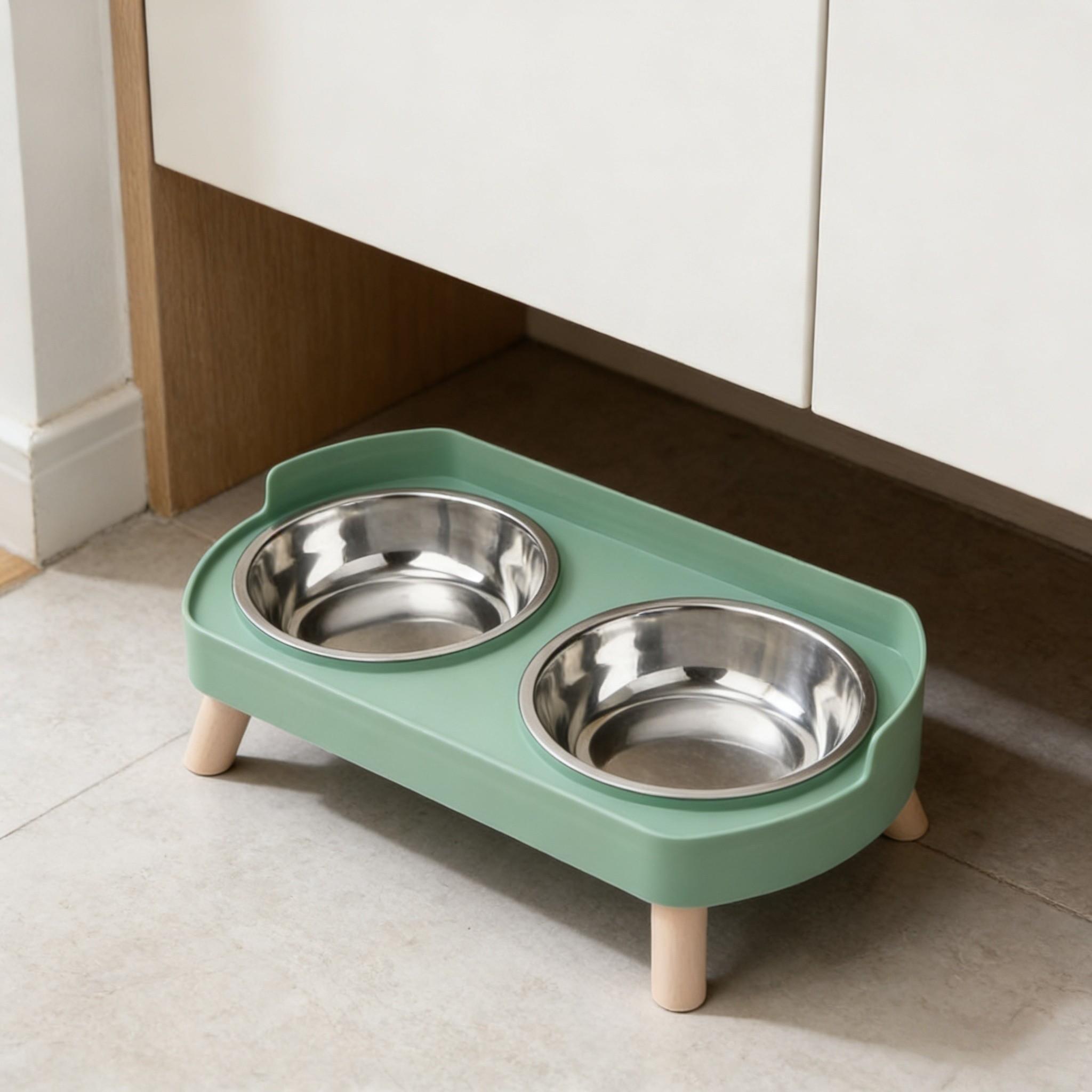 Pet Dual Bowl Food Dish, Scientific Neck Protection Design, Anti-Spill Wide Base, Stainless Steel, Water Bowl Included, Essential Pet Accessory