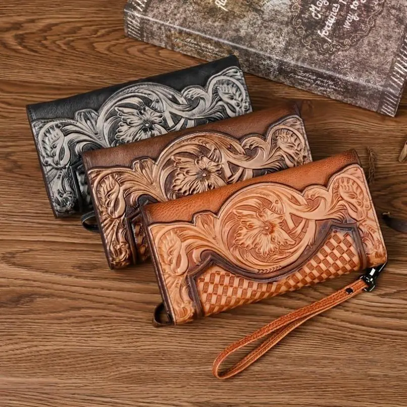 Women's BeadBreath Genuine Leather Long Wallet - Vintage Embroidered Clutch Purse, Large Capacity Sports & Outdoor Accessory, Vintage Embroidery, Leather Wallets, Card Holder