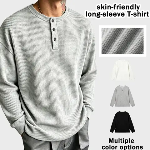 Men's Waffle Knit Henley Shirt, Long Sleeve Button Neck Casual Classic Loose T-Shirt, Comfortable and Stylish Top for Daily Wear