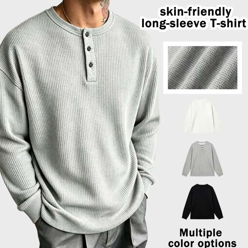 Men's Waffle Knit Henley Shirt, Long Sleeve Button Neck Casual Classic Loose T-Shirt, Comfortable and Stylish Top for Daily Wear