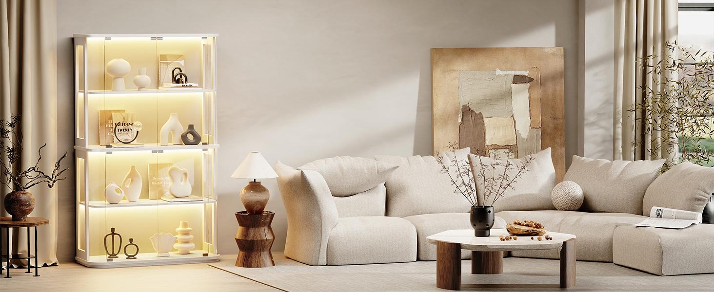 MIIFUNY Large Rounded Display Cabinet with Glass Door, 4-Tier Curio Cabinet with 3 Color Lights for Collectibles, Figures, Glass Display Case with Transparent Full-Display Surface, Human Body Sensor, White