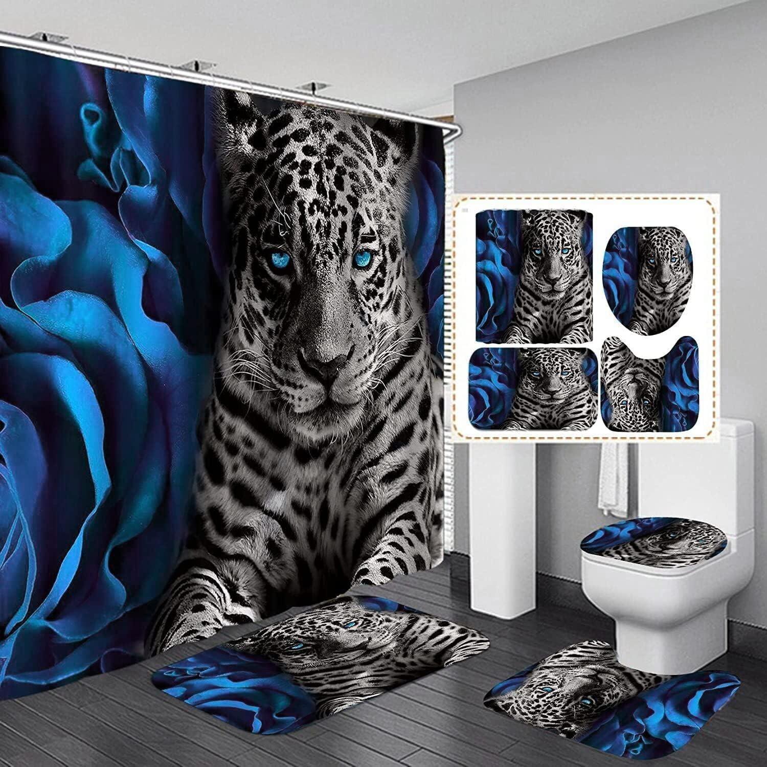 4 Piece Blue Rose and Leopard Bathroom Set with Shower Curtain and Rugs, Toilet Lid Cover and Non-Slip Mat, Blue Shower Curtain with 12 Hooks, Luxury Complete Bathroom Accessories Decor Set
