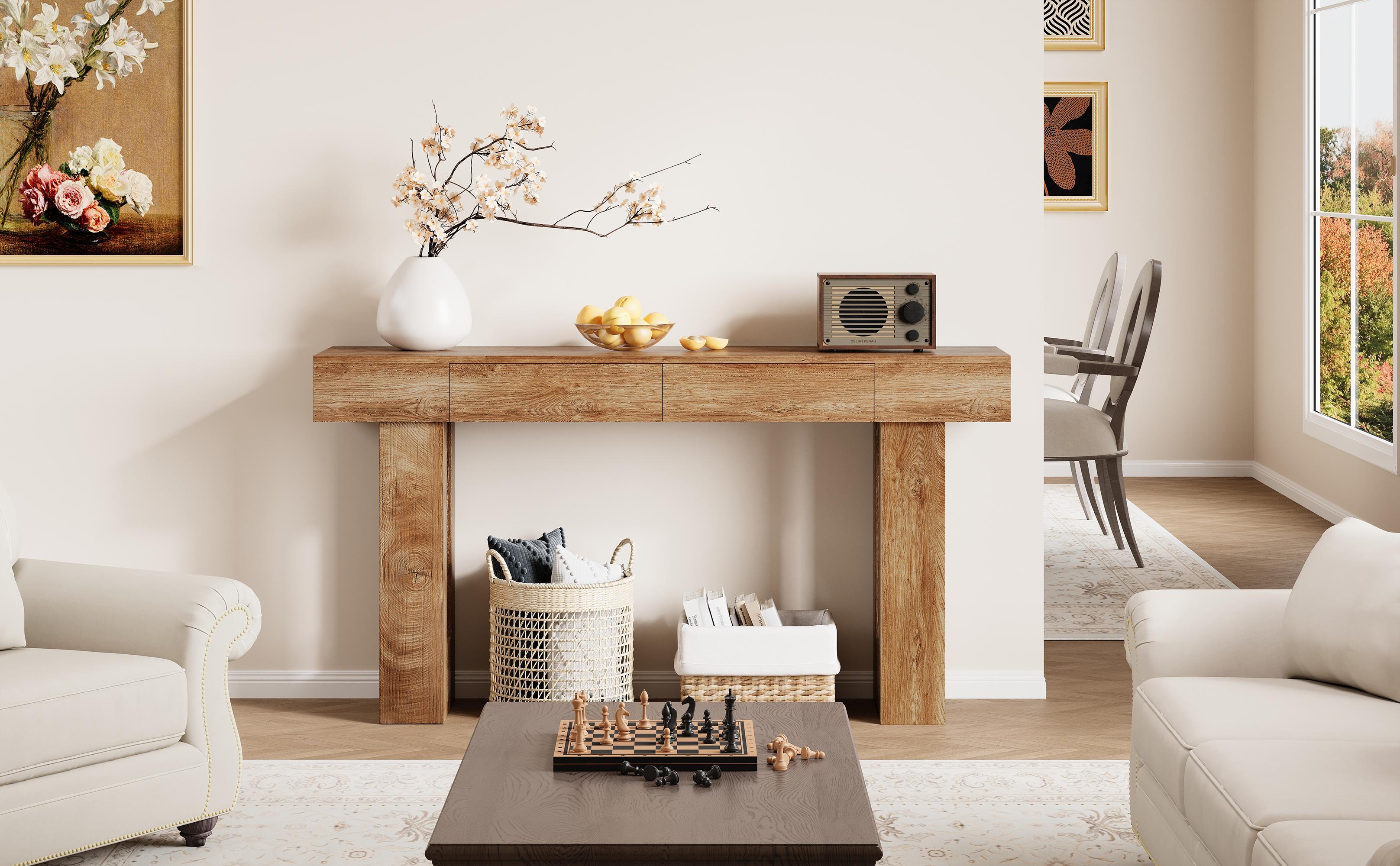 IRONCK 63" Long Console Table with 2 Drawers, Wooden Sofa Table Behind Couch, Farmhouse Entryway Table for Entrance, Living Room, Hallway Rectangular Tabletop Modern Furniture