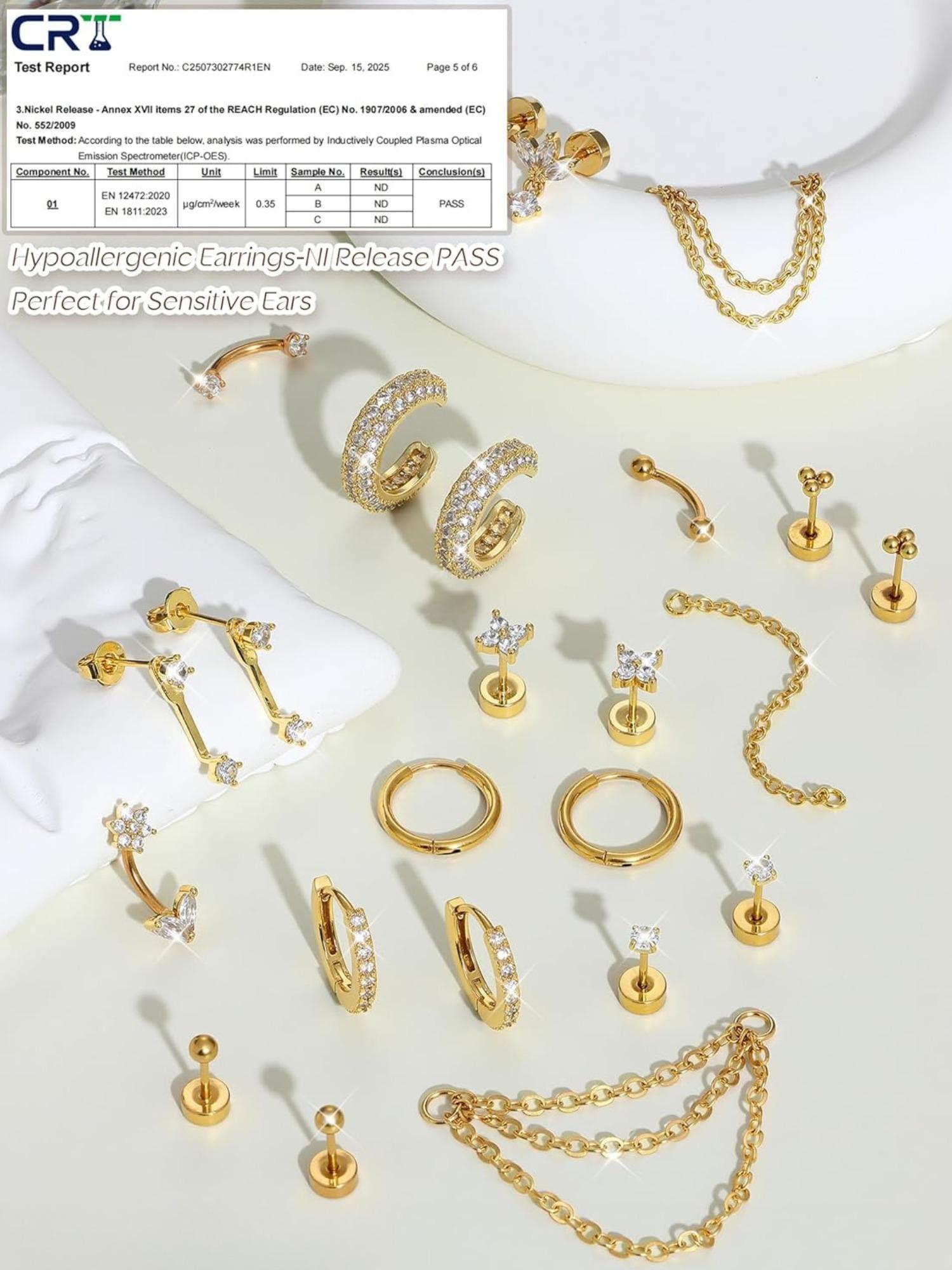 Versatile 24 Pcs Golden Shining Earrings Set Trendy Helix Piercings Surgical Steel Copper for Women Men Small Hoop Earrings with Chain Flat Back Stud Earrings Cartilage Conch Rook Tragus Piercing Earrings