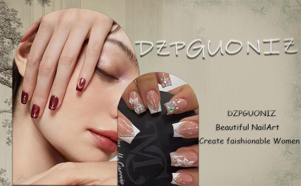 24Pcs Pink French Tip Press Nails Short Square Fake Nails Spring Cherry Blossoms with Line Design Nude Pink False Nails Stick Nails Full Cover Artificial Glue Nails for Women DIY Manicure