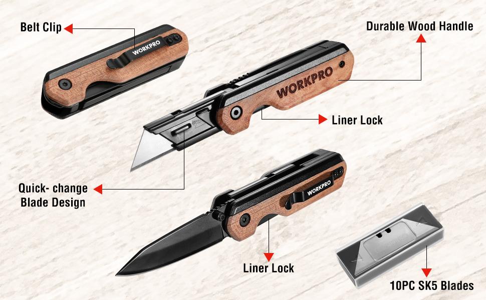 #Summervibes WORKPRO 2-in-1 Folding Knife/Utility Knife, Quick-Change Box Cutter with Belt Clip, Liner Lock, and G10 Handle, Extra 10 SK5 Blades Included