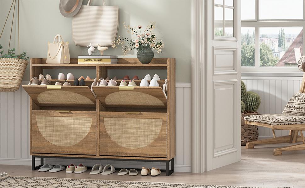 Vabches  Rattan Shoe Storage Cabinet with Display Riser, Narrow Freestanding Shoe Organizer with Metal Legs, Entryway Rustic Oak Shoe Rack Cabinet