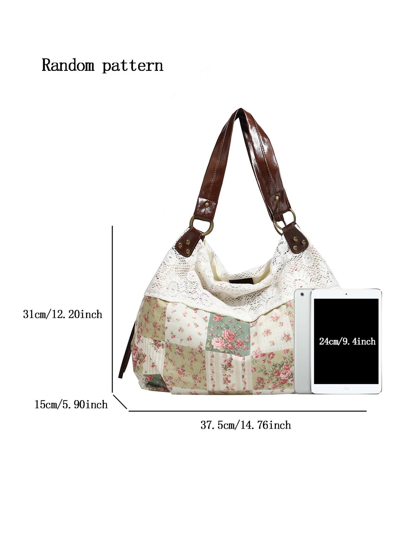 Small niche design retro fashion texture underarm bag, floral plaid patchwork fabric, lace lace design, large capacity elegant atmosphere single shoulder bag, suitable for beach vacation, shopping, and gatherings
