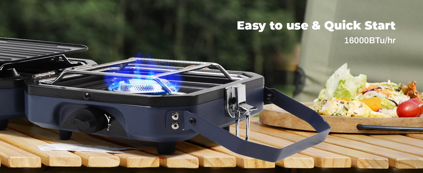 SCITOO 2 Burner Folding Camping Stove with Griddle, Portable Camp Isobutane Gas Stove with 16000 BTU Adjustable Burners & Piezo Ignition wind proof