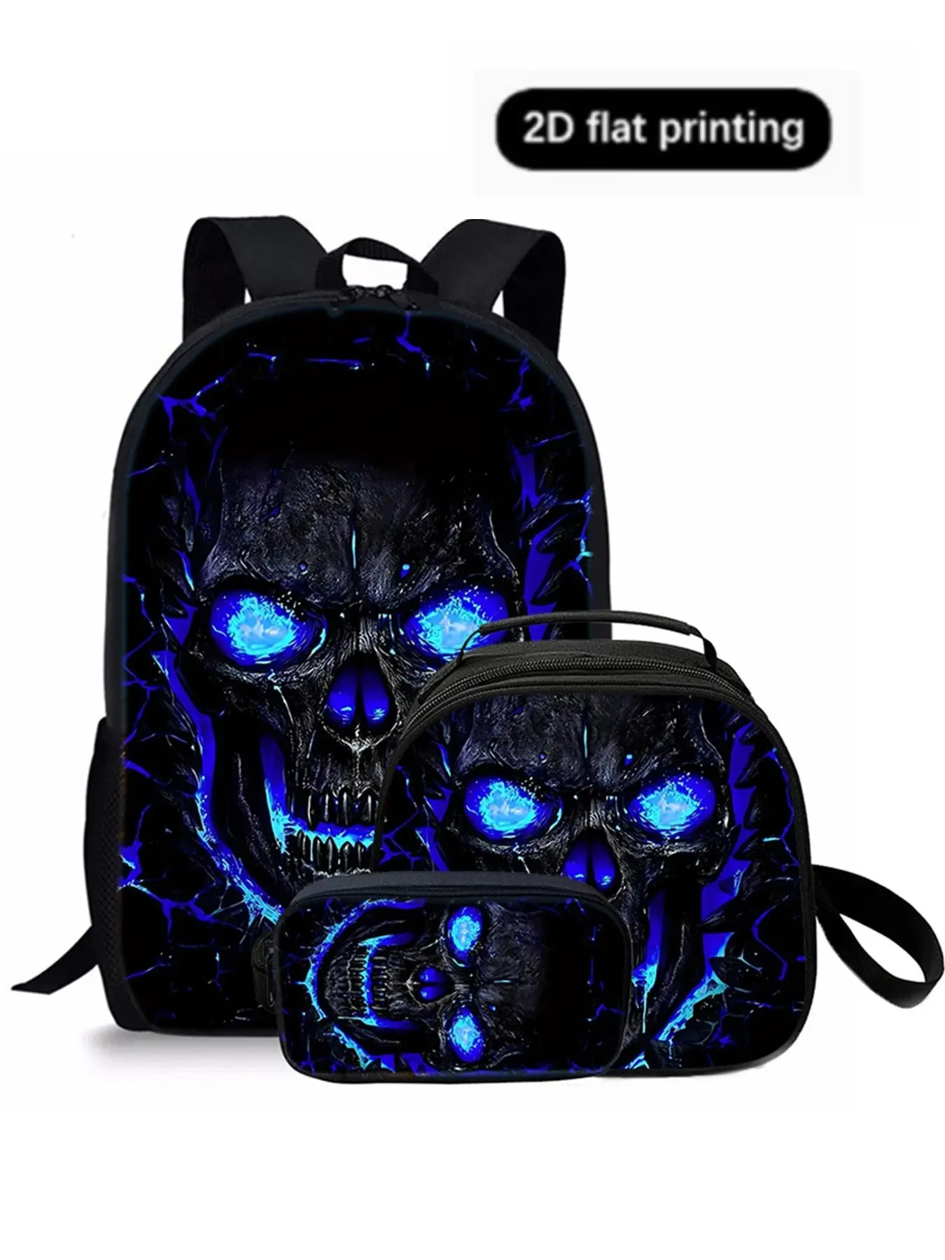 Skull Pattern 2D Print 17 Inch Backpack Set, Single Layer Backpack + Shoulder Strap Lunch Bag + Single Layer Pencil Case, Casual All Seasons