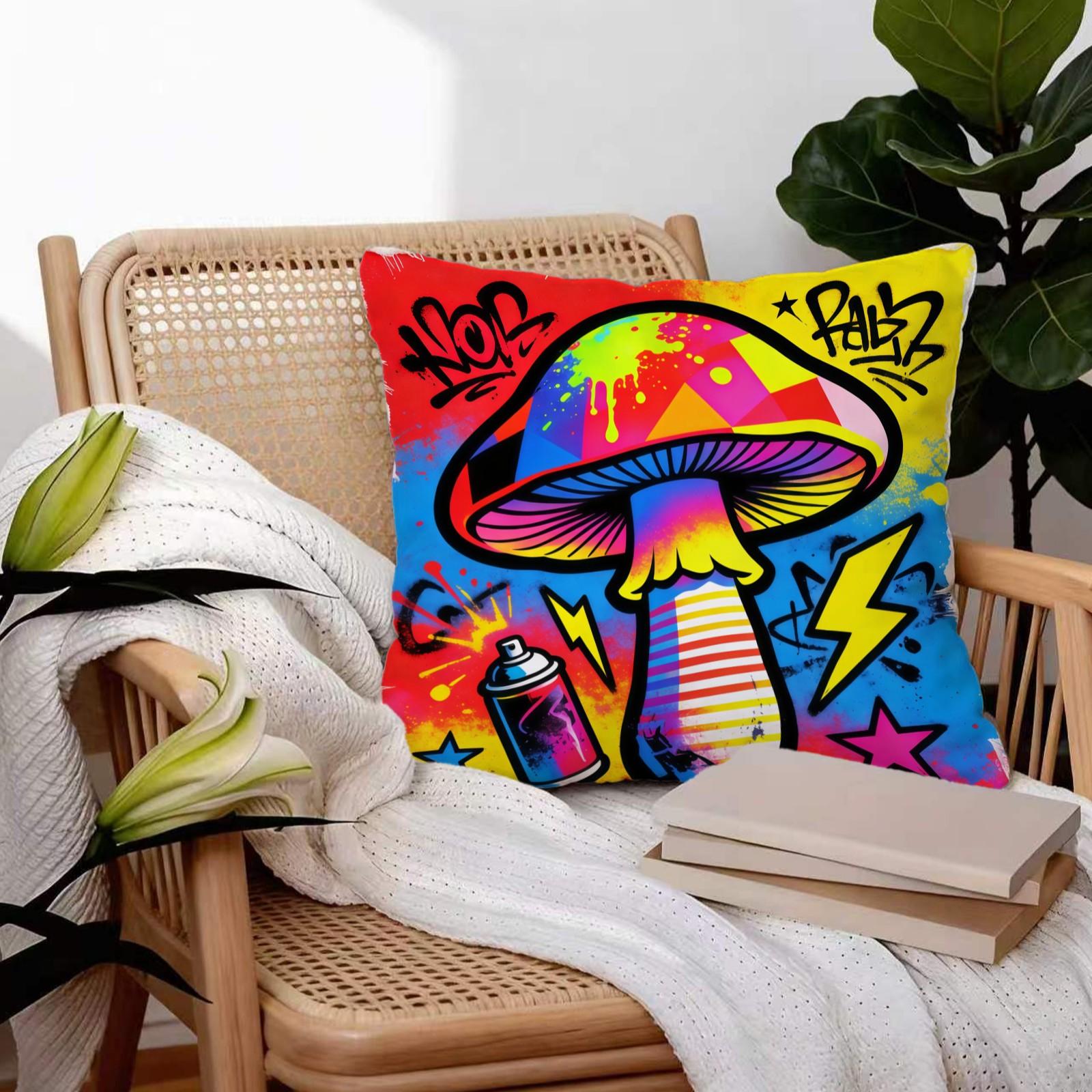 Lightning Mushroom Pattern Pillowcase and Cushion, Soft Polyester Home Decor, Sofa and Bed Headrest, Moving and Holiday Gift