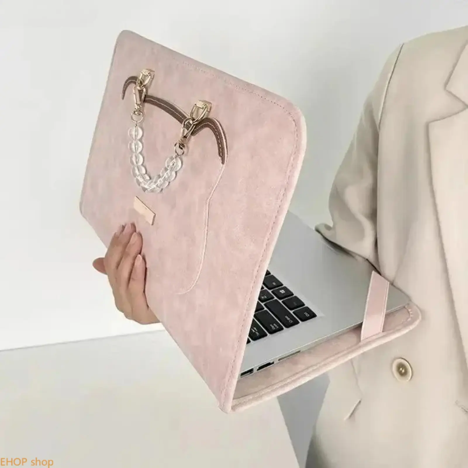 Faux Suede Laptop Sleeve Bag with Pearl Chain Handle Protective Notebook Carrying Case Lightweight Computer Cover Portable Laptop Organizer for Office School Work Commute Travel Business Trips Daily Use Stylish Fashion Laptop Accessory for Women Men,sohoc