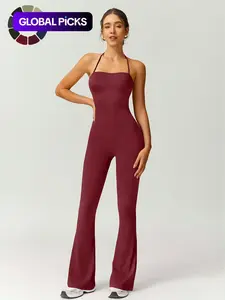 Women's Solid Color Flare Leg Sports Jumpsuit, Casual Comfy Breathable Jumpsuit for Yoga Gym Workout, Ladies Sportswear for Summer, Sporty Jumpsuit, Workout Jumpsuits, Tight Fitting Jumpsuit