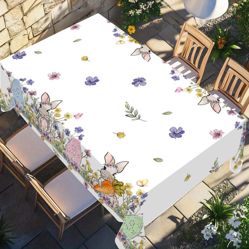 Rectangular Easter Tablecloth, Cartoon Rabbit & Egg Design, Spring/summer Floral Pattern, Perfect for Holiday/easter Decorations