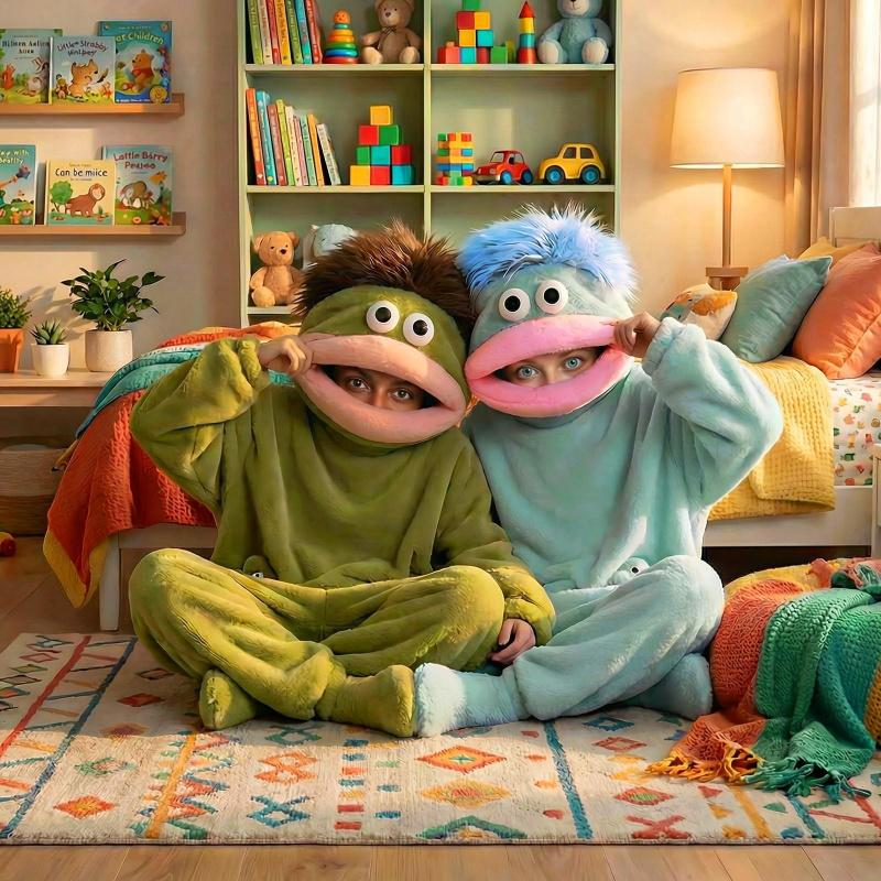 Funny Onesie Party, Comfortable Hooded Flannel Pajama Set, 3-Piece Includes Pajamas Comb Shoe Covers, Cute Monster Design