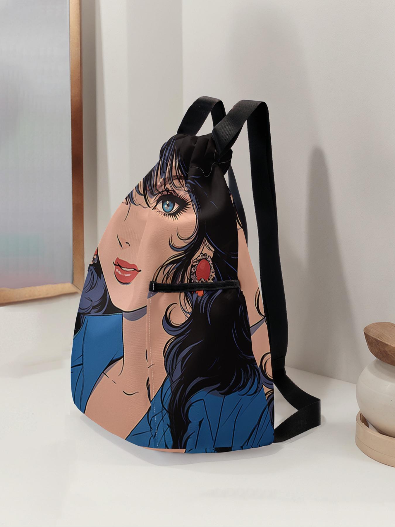 Anime Character Printed Drawstring Backpack, Large Capacity Durable Gym Bag with Adjustable Straps, Casual Travel Hiking Camping Essential