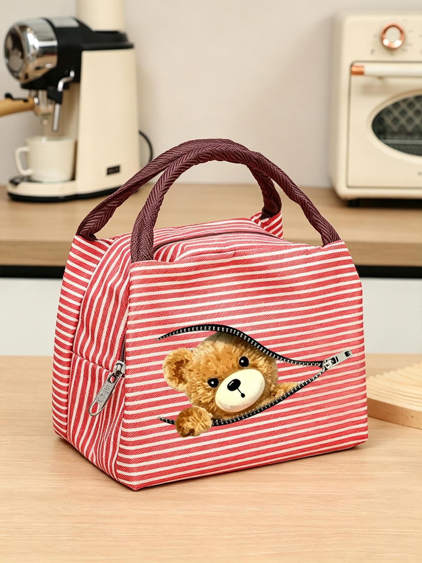 Creative Zipper Bear Lunch Bag, Insulated Meal Pouch, Thick Striped Handle, Large Capacity, Outdoor Picnic, Insulated Lunch Tote, Multiple Colors Available
