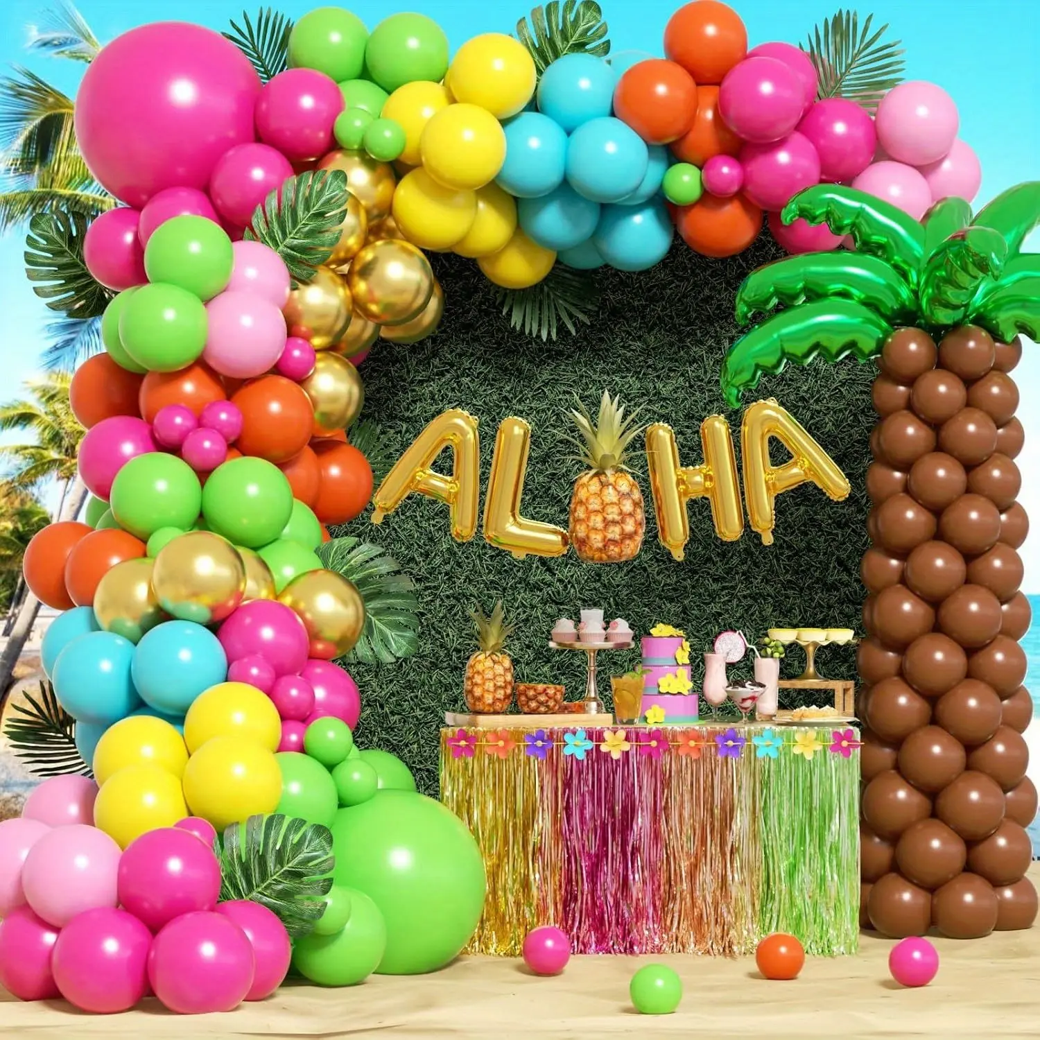 129 Piece Tropical Balloon Set, Gold Blue Balloons, Party Decoration for Los Angeles Hawaii Birthday Parties