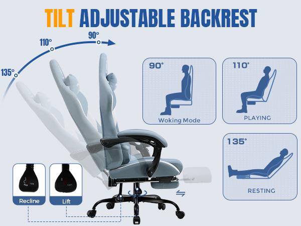 【Buy 1 Get 4】GTPLAYER Gaming Chair with Footrest, Fabric Office Chair with Pocket Spring Seat, Memory Foam Lumbar Support, High-Back Computer Chair