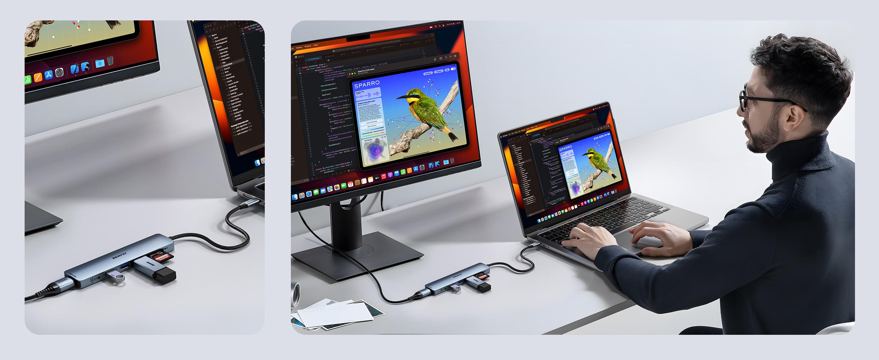 BENFEI 7-in-1 USB C Hub with HDMI(4K@60Hz), 2 USB-A, 1 USB-C Data, 100W Charge, SD/TF Card Reader, Silicone Tangle-Free Cable Compatible with MacBook Pro/Air, iPad Pro, iMac, iPhone 15 Pro/Pro Max