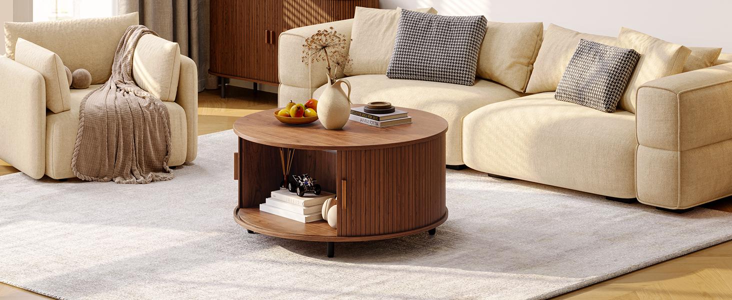 【SPOTLIGHT DAY】ONBRILL 31.5" Round Storage Coffee Table, Fluted Wood Coffee Table with Adjustable Footpads and 360° Curved Sliding Door, Living Room Furniture