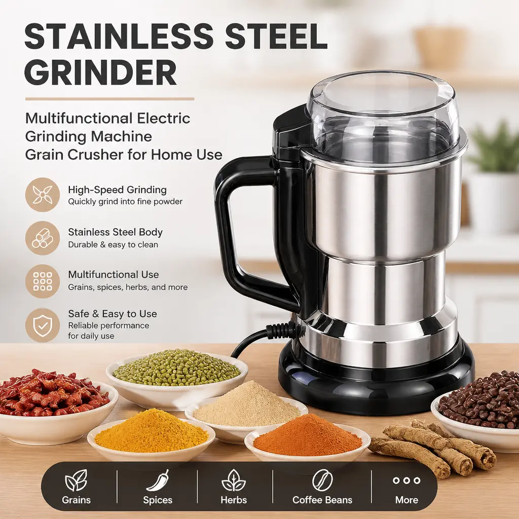 Compact Multifunctional Home Electric Grain Crusher, Stainless‑Steel High‑Speed Grinding Grinder Machine for Household Grain, Spice and Dry Ingredients Milling