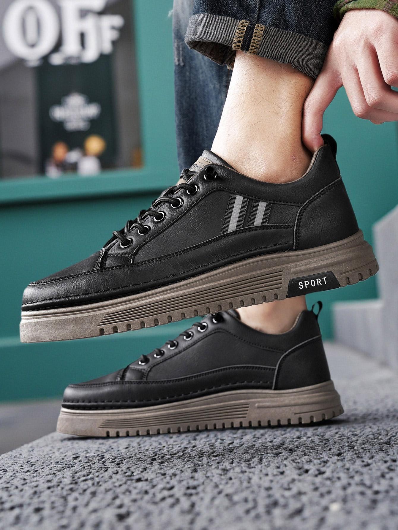 Men's Summer Thick Sole Sneakers, Simple Striped Casual Board Shoes, Soft Leather Breathable Lightweight, Height Boosting Slim Fit, Versatile Daily Wear