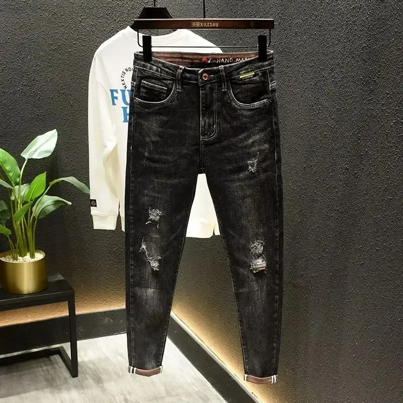 Trousers with Holes Skinny Tight Pipe Men's Jeans Black Broken Man Cowboy Pants Torn Ripped Slim Fit Designer Spring Autumn